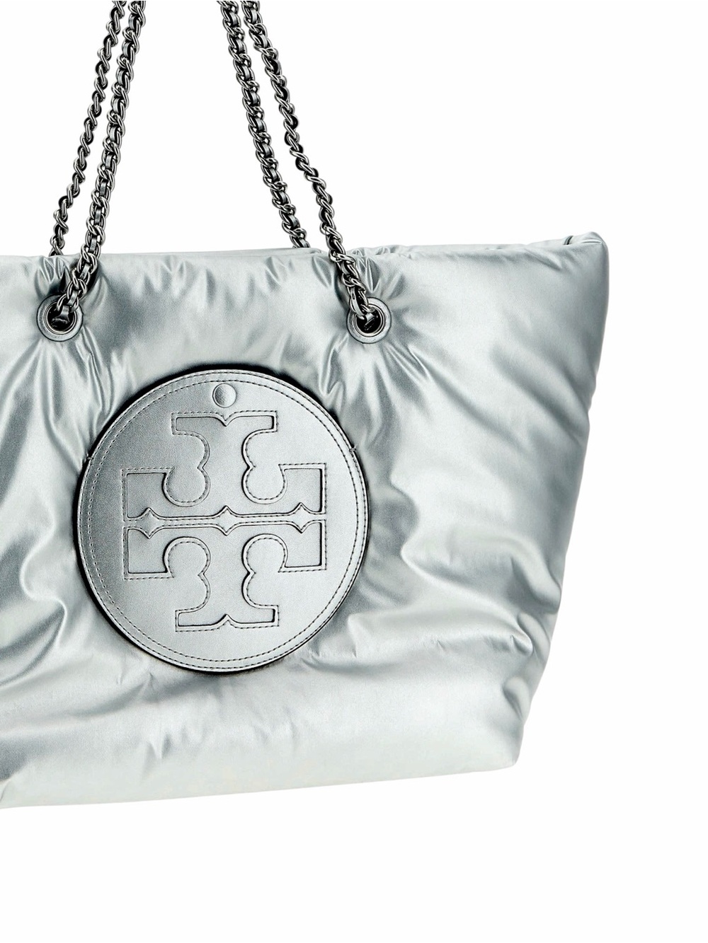 Tory Burch – Ella Metallic Puffy Chain Tote Bag – Circular Double T Logo - OS